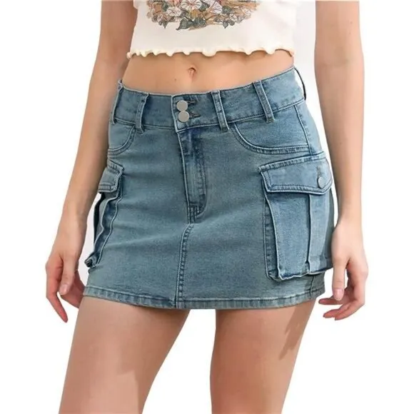 Y2K Gray Wash Cargo Denim Mini Skirt Low Waist Extra Short Bodycon Skirt