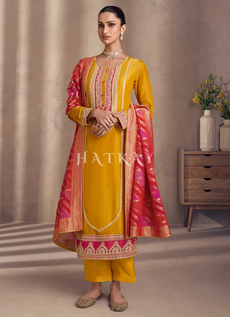 Yellow And Pink Embroidery Salwar Kameez Suit