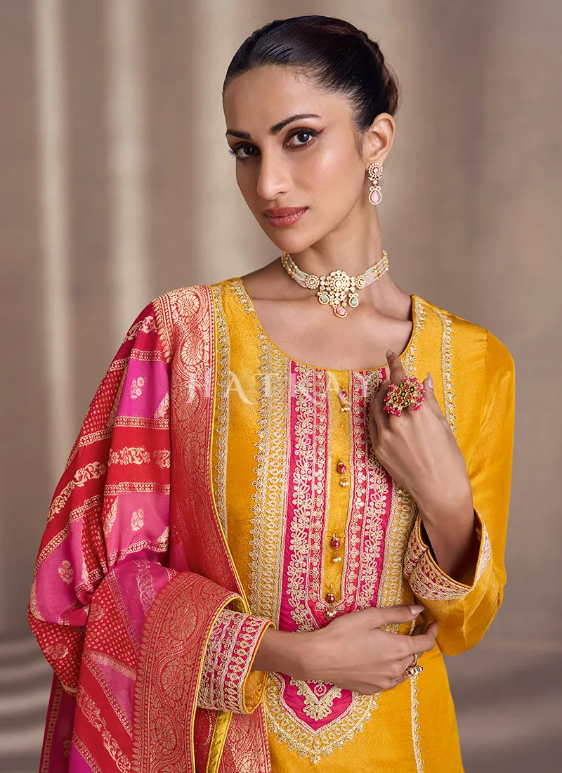 Yellow And Pink Embroidery Salwar Kameez Suit