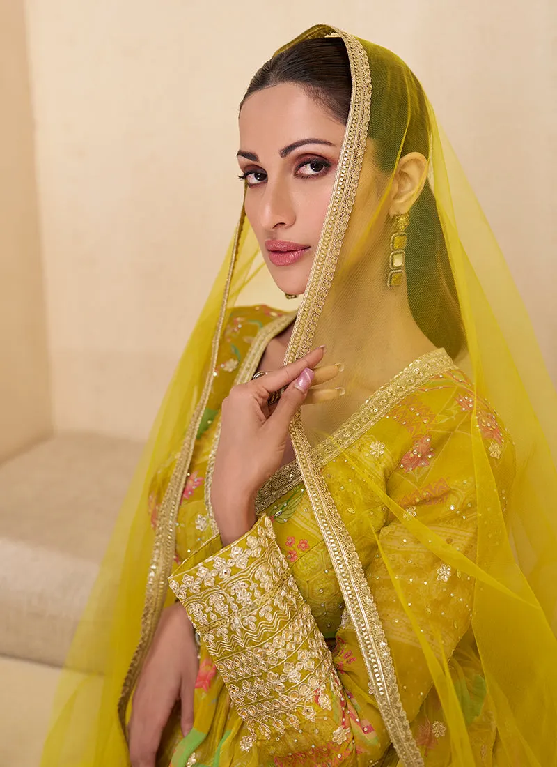 Yellow Digital Printed Embroidered Anarkali Gown Dress