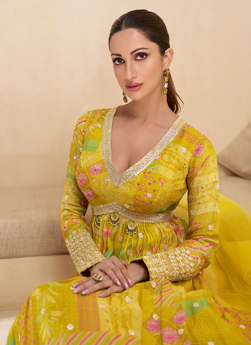 Yellow Digital Printed Embroidered Anarkali Gown Dress