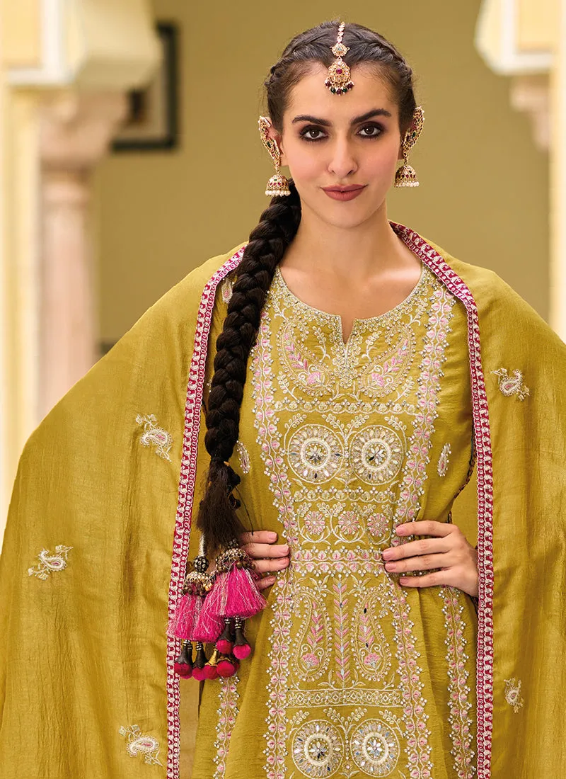 Yellow Mirror Work Embroidery Traditional Palazzo Suit