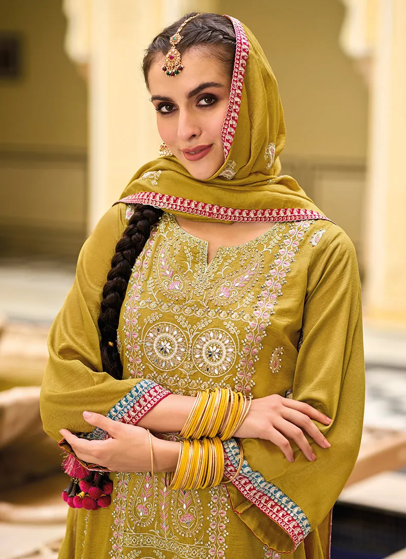Yellow Mirror Work Embroidery Traditional Palazzo Suit