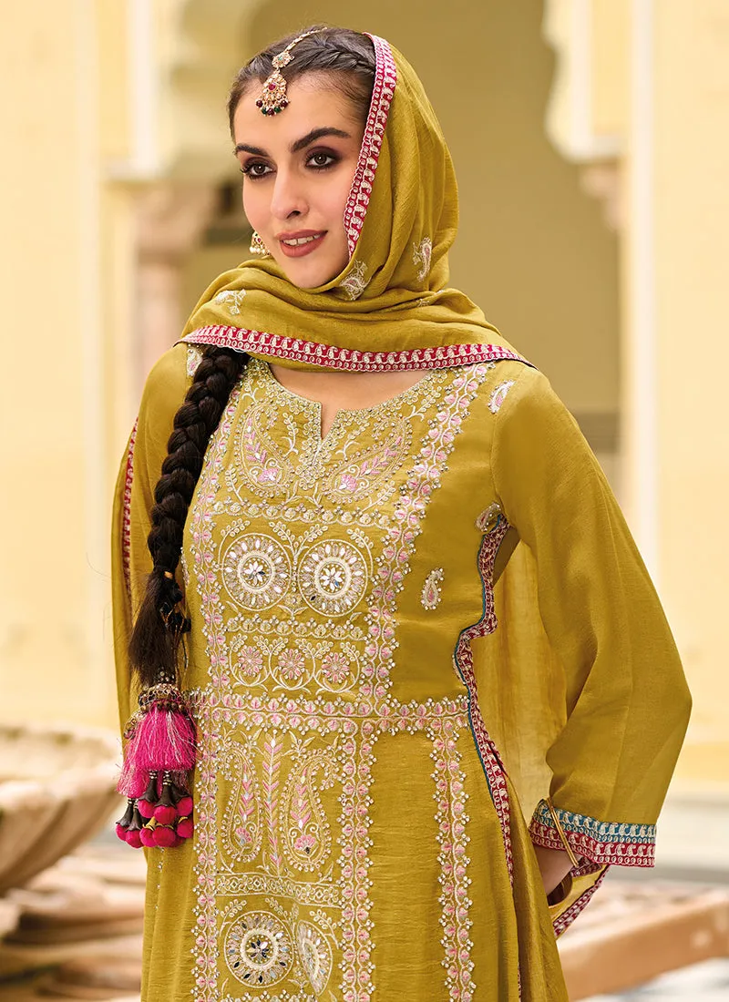 Yellow Mirror Work Embroidery Traditional Palazzo Suit
