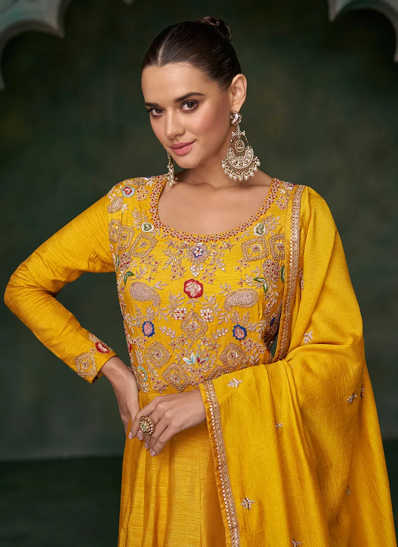 Yellow Multi Embroidery Traditional Anarkali Gown