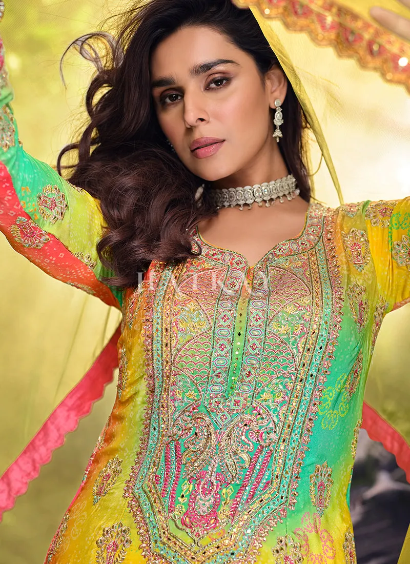 Yellow Multicolored Handwork Sharara Style Suit