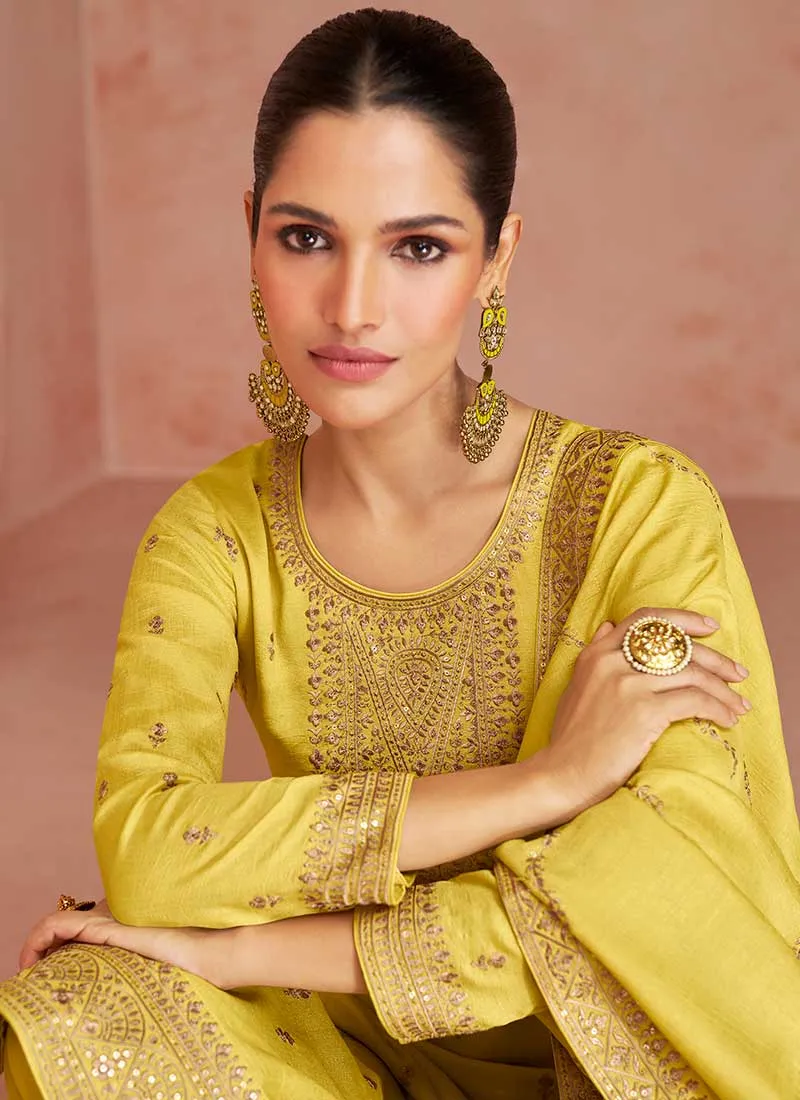 Yellow Sequence Embroidery Wedding Palazzo Suit