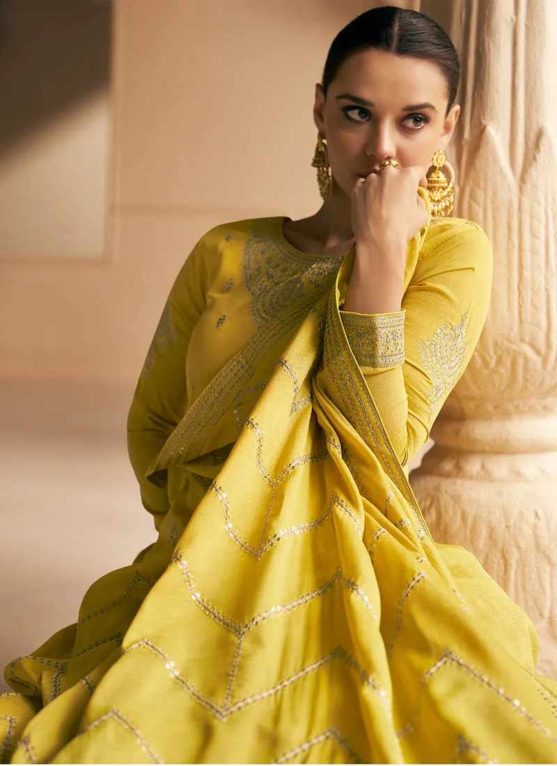 Yellow Silk Traditional Embroidery Wedding Anarkali Suit