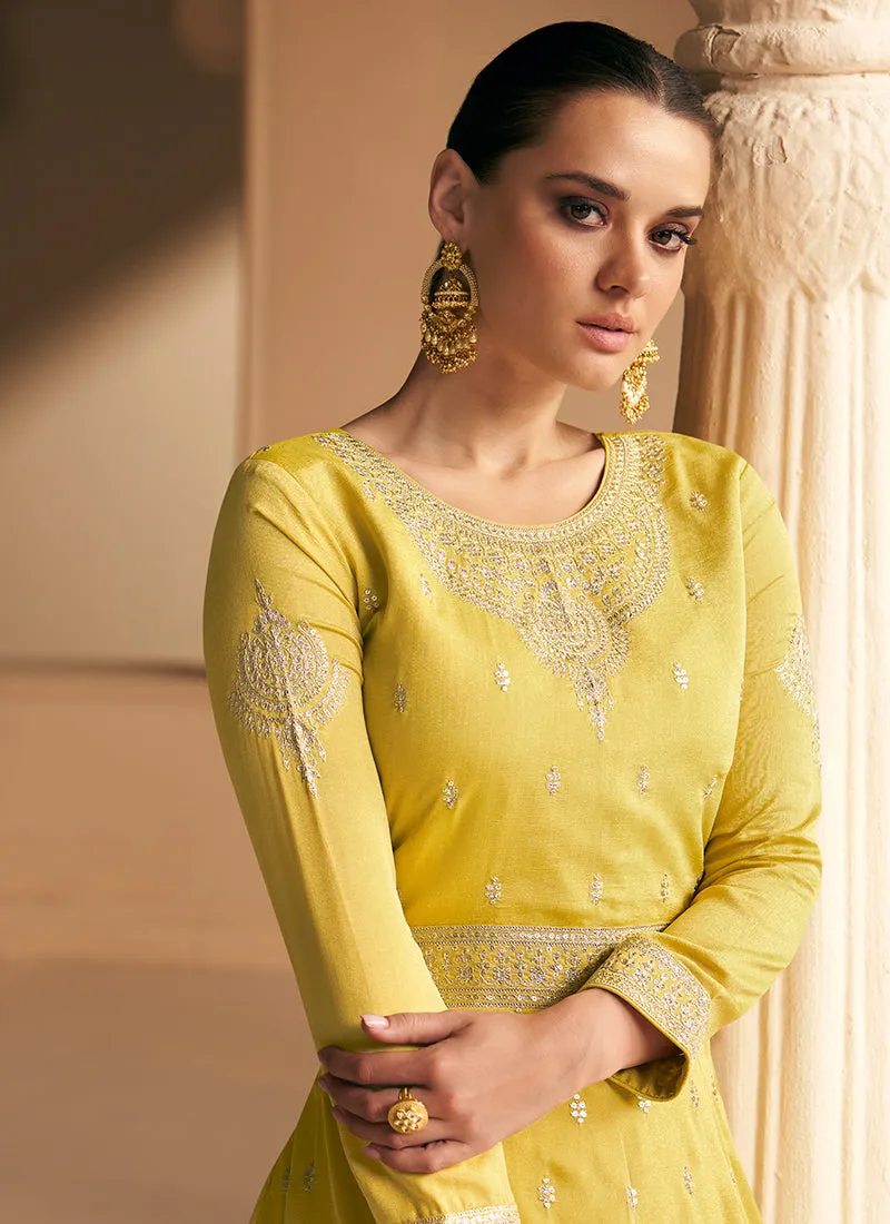 Yellow Silk Traditional Embroidery Wedding Anarkali Suit